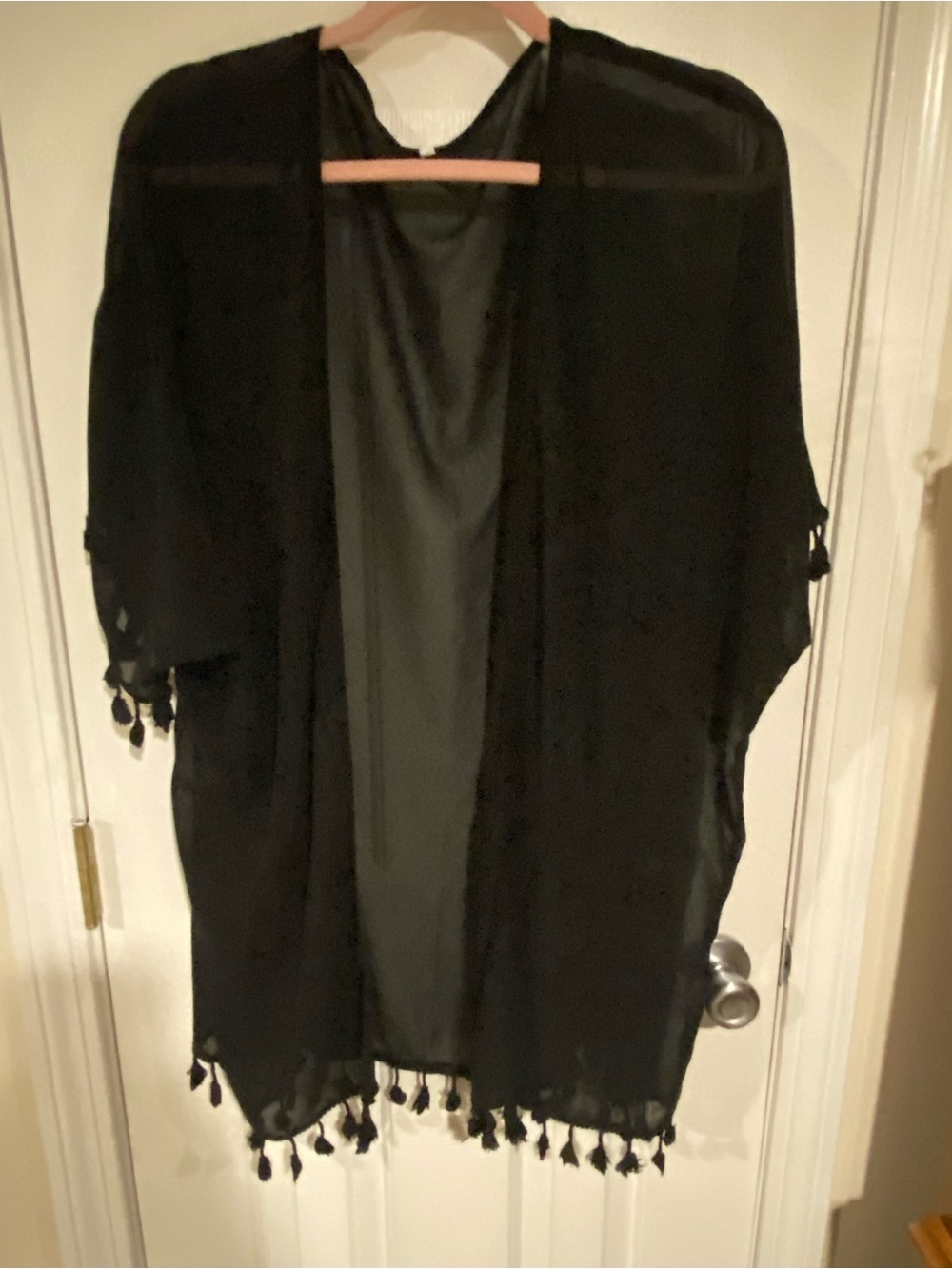 Black Tassel-Trim Sheer Kimono Cover-Up
